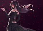  absurdres bangs bare_shoulders black_dress commentary_request dress eyebrows_visible_through_hair floating_hair fur_trim hair_between_eyes highres looking_away original petals purple_hair red_eyes simple_background solo standing strapless strapless_dress veilrain 