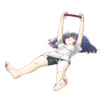  arms_up barefoot bike_shorts blue_eyes blue_hair breasts feet fumafu half-closed_eyes lying medium_breasts nintendo_switch on_back shirt simple_background solo toes tokyo_ghoul twintails white_background white_shirt yonebayashi_saiko 