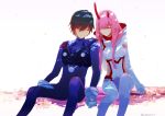  1girl absurdres asymmetrical_horns black_hair black_legwear closed_eyes commentary_request couple darling_in_the_franxx gloves highres hiro_(darling_in_the_franxx) holding_hand horns long_hair oni_horns pantyhose pilot_suit pink_hair user_snfu7252 white_gloves zero_two_(darling_in_the_franxx) 