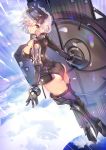  armor armored_boots ass bangs black_armor black_gloves black_legwear black_leotard boots bracer breasts cleavage cloud cloudy_sky commentary day dutch_angle fate/grand_order fate_(series) floating from_side full_body gloves glowing gorget gradient greaves hair_over_one_eye hips holding holding_shield kneepits lavender_hair legs_together leotard long_sleeves looking_at_viewer looking_back looking_to_the_side mash_kyrielight medium_breasts ortenaus outdoors parted_lips pauldrons petals pouch purple_eyes purple_hair purple_legwear shield short_hair sky solo teddy_(khanshin) thighhighs thighs vr_visor 