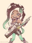  asymmetrical_hair bare_arms black_footwear black_gloves black_hair black_vest boots breasts cephalopod_eyes cleavage collared_vest cowboy_shot crop_top cropped_vest dark_skin fang fingerless_gloves gloves green_hair green_legwear green_skin headphones high_collar holding holding_instrument iida_(splatoon) instrument keytar long_hair looking_at_viewer makeup mascara medium_breasts midriff mole mole_under_mouth multicolored multicolored_hair multicolored_skin navel_piercing octarian open_mouth pantyhose pantyhose_under_shorts piercing pink_pupils sayoyonsayoyo shorts simple_background smile solo splatoon_(series) splatoon_2 standing stomach striped striped_shorts suction_cups tentacle_hair twitter_username unzipped upper_teeth very_long_hair vest zipper zipper_pull_tab 