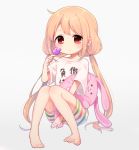  barefoot blonde_hair blush brown_eyes candy closed_mouth clothes_writing eyebrows_visible_through_hair food futaba_anzu idolmaster idolmaster_cinderella_girls komachi_pochi lollipop long_hair looking_at_viewer shirt short_sleeves sitting solo stuffed_animal stuffed_toy t-shirt twintails very_long_hair white_shirt you_work_you_lose 