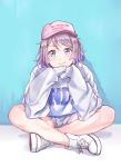  baseball_cap blue_background blue_eyes clothes_writing eyebrows_visible_through_hair grey_hair hands_together hat headwear_writing high_tops highres indian_style kanabun long_sleeves looking_at_viewer love_live! love_live!_sunshine!! pink_hat short_hair shorts sitting sleeves_past_fingers sleeves_past_wrists smile solo sweatshirt watanabe_you white_footwear 