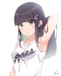  aqua_eyes arm_up armpits bangs black_hair blush clothes_writing collarbone commentary_request group_name hair_ornament hairclip hand_in_hair highres kaya_(yoshina9) kurosawa_dia long_hair looking_at_viewer love_live! love_live!_sunshine!! mole mole_under_mouth shirt signature simple_background sleeveless sleeveless_shirt solo white_background white_shirt 