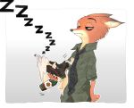  alcohol anthro beverage bottle canine clothed clothing disney drooling drunk duo ears_back finnick fox holding_bottle holding_object komatsuko_(artist) larger_male male mammal necktie nick_wilde saliva simple_background size_difference sleeping smaller_male snoring white_background zootopia 