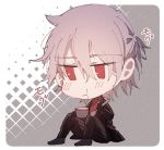  antonio_salieri_(fate/grand_order) blush chibi commentary_request eating fate/grand_order fate_(series) food formal grey_hair hair_between_eyes holding holding_spoon krsm_(numa62114) long_sleeves pants pudding red_eyes silver_hair sitting spoon striped striped_jacket striped_pants suit 