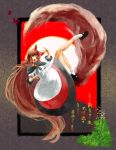  absurdly_long_hair animal_ears brooch brown_hair dress fingernails full_body highres ikeda_ruriko imaizumi_kagerou jewelry large_tail layered_dress leg_up long_fingernails long_hair mary_janes open_mouth red_eyes shawl shoes solo tail touhou traditional_media translation_request very_long_hair wolf_ears wolf_tail 