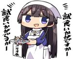  :d apron bangs black_hair blush cross eyebrows_visible_through_hair hair_between_eyes hair_ornament hairclip head_scarf holding kanikama long_hair long_sleeves lowres nijisanji open_mouth purple_eyes purple_shirt shirt simple_background smile solo translated tsukino_mito very_long_hair virtual_youtuber white_apron white_background 