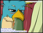  2018 animal_genitalia animal_penis avian balls blue_eyes blush comic dialogue digital_media_(artwork) earth_pony english_text equine equine_penis erection flash_draw friendship_is_magic gallus_(mlp) gaming green_balls green_penis gryphon horse licking male male/male mammal my_little_pony open_mouth oral penis pony precum sandbar_(mlp) sex standing text tongue tongue_out 