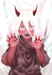  bangs black_ribbon black_robe blush breath claw_pose commentary darling_in_the_franxx grey_eyes hair_between_eyes hands_up highres hood hood_down hooded_robe horns long_hair long_sleeves looking_at_viewer oni open_mouth red_skin red_skirt ribbon robe sharp_teeth silver_hair skirt solo spoilers teeth upper_body wakutsu zero_two_(darling_in_the_franxx) 