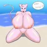  2016 anthro anthrofied areola beach big_breasts blue_eyes breasts clitoris deadpliss dialogue ear_piercing english_text feline female fur hair half-closed_eyes hand_on_breast hi_res huge_breasts kneeling legendary_pok&eacute;mon looking_at_viewer mammal mew nintendo nipples nude open_mouth outside piercing pink_fur pink_hair pink_nipples pok&eacute;mon pok&eacute;mon_(species) pok&eacute;morph pussy raised_tail sand seaside sky smile solo speech_bubble spread_legs spreading text tongue video_games water 
