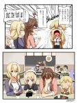  6+girls ? ahoge akagi_(kantai_collection) alternate_costume anger_vein beret black_hair blonde_hair braid brown_hair casual comic commentary_request contemporary controller cosplay crossover crying darkmaya double_bun eating emphasis_lines english facepalm food french_braid french_fries game_controller gangut_(kantai_collection) grey_hair hamburger hat hataraku_maou-sama! hibiki_(kantai_collection) holding iowa_(kantai_collection) japanese_clothes jervis_(kantai_collection) kaga_(kantai_collection) kantai_collection kongou_(kantai_collection) light_brown_hair littorio_(kantai_collection) long_hair makise_kurisu makise_kurisu_(cosplay) meme multiple_girls nintendo_switch pantyhose peaked_cap pizza playing_games profanity restaurant sasaki_chiho school_uniform serafuku side_ponytail silver_hair sitting soft_drink speech_bubble spoken_anger_vein spoken_object steins;gate streaming_tears tashkent_(kantai_collection) tears thighhighs translated twintails verniy_(kantai_collection) warspite_(kantai_collection) 