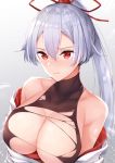  3: anza_tomo bare_shoulders blush breasts cleavage closed_mouth commentary_request fate/grand_order fate_(series) gradient gradient_background hair_between_eyes hair_ribbon high_ponytail highres large_breasts long_hair off_shoulder ponytail red_eyes ribbon shirt silver_hair solo tomoe_gozen_(fate/grand_order) torn_clothes torn_shirt 