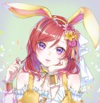  animal_ears ao+beni bunny_ears chin_rest choker commentary_request easter fake_animal_ears flower frilled_choker frilled_cuffs frills hair_flower hair_ornament hair_ribbon hair_twirling hairband lips looking_at_viewer love_live! love_live!_school_idol_project medium_hair nishikino_maki petals purple_eyes red_hair ribbon solo upper_body veil wrist_cuffs yellow_choker 