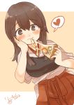  akagi_(kantai_collection) blush brown_eyes brown_hair dated dutch_angle eating eyebrows_visible_through_hair food hakama_skirt hand_on_own_cheek heart holding holding_food ina_(1813576) japanese_clothes kantai_collection long_hair looking_at_viewer muneate pizza red_skirt signature skirt solo straight_hair 