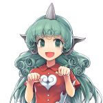  :d bangs breasts buttons collared_shirt commentary_request curly_hair ears ebizome eyebrows_visible_through_hair eyelashes flame_print green_eyes green_hair heart heart_print highres horn kariyushi_shirt komano_aun light_blush long_hair looking_at_viewer open_mouth paw_pose red_shirt shirt short_sleeves simple_background small_breasts smile solo tareme touhou upper_body white_background 