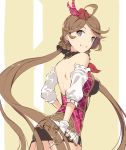  akanebi ass backless_outfit black_skirt breasts brown_flower brown_hair detached_sleeves eyebrows_visible_through_hair floating_hair flower from_behind gloves granblue_fantasy grey_eyes hair_flower hair_ornament harie_(granblue_fantasy) hat hat_ribbon head_tilt long_hair looking_at_viewer looking_back medium_breasts mini_hat miniskirt pencil_skirt red_hat red_ribbon ribbon sketch skirt smile solo standing striped striped_ribbon twintails very_long_hair white_gloves 