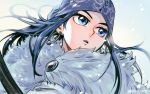 302 ainu ainu_clothes asirpa bandana blue_eyes blue_hair cape child commentary earrings fur_cape golden_kamuy highres hoop_earrings jewelry long_hair solo wind wind_lift 