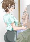  1girl :d ass bangs blush breasts brown_hair commentary_request eye_contact eyebrows_visible_through_hair facial_hair from_side grey_eyes grey_hair hair_between_eyes indoors kosokosomaru_(higashi_taishi) large_breasts laundry looking_at_another mizuno_nanatsu old_man open_mouth original school_uniform short_hair sideboob smile standing stubble thick_eyebrows 