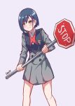  artist_name blue_hair darling_in_the_franxx feet_out_of_frame green_eyes grey_background highres ichigo_(darling_in_the_franxx) jjab meme military military_uniform school_uniform shiny shiny_hair short_hair sign simple_background solo standing stop_sign uniform 
