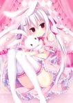  :&lt; :o animal animal_ears animal_hug argyle argyle_background bangs bare_shoulders blush bow bunny bunny_ears bunny_girl bunny_tail closed_mouth commentary_request curtains detached_sleeves dress eyebrows_visible_through_hair frilled_legwear frilled_skirt frills hair_between_eyes hair_bow hasune head_tilt heart highres long_hair no_shoes original parted_lips pink_dress puffy_short_sleeves puffy_sleeves purple_eyes red_bow short_sleeves silver_hair skirt sleeveless sleeveless_dress solo tail thighhighs twintails very_long_hair white_legwear 