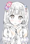  :o bangs blunt_bangs blush bunching_hair commentary_request flower grey_background hair_flower hair_ornament head_tilt highres kantoku light_brown_eyes long_hair looking_at_viewer original simple_background solo spaghetti_strap spot_color upper_body 