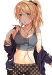  ayase_eli black_bow black_pants blonde_hair blue_eyes blue_jacket blush bow bra breasts cleavage commentary_request earbuds earphones grey_bra hair_between_eyes hair_bow jacket long_sleeves love_live! love_live!_school_idol_project medium_breasts midriff mogu_(au1127) navel open_mouth pants ponytail print_pants removing_jacket sidelocks simple_background solo sports_bra star star_print sweat track_jacket underwear white_background 