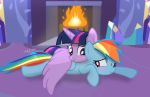  2016 blue_feathers blush cuddling cute cutie_mark duo equine feathered_wings feathers female feral fire fireplace friendship_is_magic fur hair hi_res horn inside looking_back mammal multicolored_hair my_little_pony pegasus purple_eyes rainbow_dash_(mlp) rainbow_hair shutterflyeqd smile twilight_sparkle_(mlp) winged_unicorn wings 