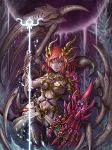  1girl claws demon_girl earrings extra_eyes gauntlet grey_skin horns looking_at_viewer monster_girl navel pentagram pointy_ears red_hair revealing_clothes scythe spikes tagme tattoo thighs weapon 