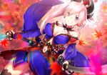  asymmetrical_hair bare_shoulders blue_eyes blush breasts choker cleavage cowboy_shot detached_sleeves fate/grand_order fate_(series) hair_ornament holding holding_sword holding_weapon katana kirushi_(killcy) large_breasts leaves_in_wind looking_at_viewer magatama miyamoto_musashi_(fate/grand_order) navel obi pink_hair ponytail sash sheath sheathed smile solo sword thighhighs weapon 