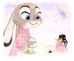  2016 abstract_background anthro beverage black_hair claws disney duo ear_piercing food fru_fru hair judy_hopps komatsuko_(artist) lagomorph mammal piercing purple_eyes rabbit shrew size_difference smile tea zootopia 