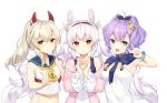  :d :o anchor_symbol animal_ears ascot ayanami_(azur_lane) azur_lane bangs bare_shoulders bekotarou black_ribbon blue_eyes blue_sailor_collar breasts brown_eyes bunny_ears camisole closed_mouth collarbone crown eyebrows_visible_through_hair hair_between_eyes hair_ornament hair_ribbon hairband hand_up hands_up headgear heart heart_hands jacket javelin_(azur_lane) laffey_(azur_lane) light_brown_hair long_hair long_sleeves medium_breasts mini_crown multiple_girls navel off_shoulder open_mouth parted_lips pink_jacket ponytail print_neckwear purple_hair red_eyes red_hairband ribbon sailor_collar school_uniform serafuku shirt silver_hair simple_background sleeveless sleeveless_shirt smile twintails v very_long_hair white_background white_camisole white_shirt yellow_neckwear 