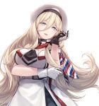  arm_across_chest bangs bare_shoulders belt beret blonde_hair blue_eyes breasts dress eyebrows_visible_through_hair gloves hair_between_eyes hand_on_own_elbow hat head_tilt highres kantai_collection large_breasts long_hair looking_at_viewer mole mole_under_eye mole_under_mouth multicolored multicolored_clothes multicolored_dress multicolored_gloves multicolored_scarf open_mouth richelieu_(kantai_collection) rokuwata_tomoe scarf sidelocks simple_background smile solo strapless strapless_dress upper_body very_long_hair white_background 