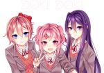  :d bad_id bad_pixiv_id blue_eyes bow doki_doki_literature_club eyes_visible_through_hair fang flow_ech hair_between_eyes hair_bow hair_ornament hair_ribbon hairclip long_hair looking_at_viewer multiple_girls natsuki_(doki_doki_literature_club) open_mouth parted_lips pink_eyes pink_hair purple_eyes purple_hair red_bow red_ribbon ribbon sayori_(doki_doki_literature_club) school_uniform short_hair simple_background smile two_side_up v white_background yuri_(doki_doki_literature_club) 