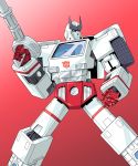  80s autobot blue_eyes commentary_request fighting_stance gun highres holding holding_gun holding_weapon no_humans oldschool qhon ratchet red_background solo standing transformers weapon 