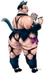  1boy animal_ears ass black_hair cat_ear cat_tail earrings fat glasses nipples obese purple_eyes simple_background solo tagme tanuma_yuuichirou white_background 