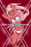  armpits bikini breasts commentary_request darling_in_the_franxx eyebrows_visible_through_hair front-tie_bikini front-tie_top green_eyes highres horns jumping long_hair marine_(1894271) medium_breasts navel open_mouth pink_hair red_skin side-tie_bikini solo spoilers swimsuit white_bikini zero_two_(darling_in_the_franxx) 