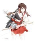 akagi_(kantai_collection) archery arrow bow_(weapon) brown_eyes brown_hair commentary_request cowboy_shot flight_deck gloves hakama_skirt horikou japanese_clothes kantai_collection kyuudou long_hair machinery mast muneate nontraditional_miko quiver single_glove solo straight_hair tasuki thighhighs weapon 