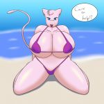  2016 anthro anthrofied beach big_breasts bikini blue_eyes breasts camel_toe clothed clothing deadpliss dialogue ear_piercing english_text feline female fur hair half-closed_eyes hi_res huge_breasts kneeling legendary_pok&eacute;mon looking_at_viewer mammal mew nintendo nipple_bulge open_mouth outside piercing pink_fur pink_hair pok&eacute;mon pok&eacute;mon_(species) pok&eacute;morph raised_tail sand seaside skimpy sky smile solo speech_bubble spread_legs spreading swimsuit text tongue video_games water 