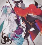  black_hair boots fingernails hakama high_heel_boots high_heels highres japanese_clothes long_fingernails male_focus monocle multiple_boys naginata polearm red_eyes shizukagata_naginata smile tassel tomoegata_naginata touken_ranbu weapon white_hair yamada_chickenko 