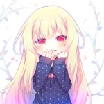  :d bangs blonde_hair blue_hoodie blush commentary_request drawstring eyebrows_visible_through_hair fang hair_between_eyes hand_to_own_mouth hands_up hood hoodie long_hair long_sleeves looking_at_viewer lowres open_mouth original polka_dot polka_dot_hoodie red_eyes sakurato_ototo_shizuku sleeves_past_wrists smile solo very_long_hair white_background 
