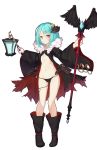  aqua_hair bag bangs belt black_belt black_footwear black_panties black_robe black_wings boots brown_eyes chocola_flex closed_mouth collarbone eyebrows_visible_through_hair feathered_wings groin hair_between_eyes highres holding holding_lantern holding_staff knee_boots lantern long_sleeves looking_at_viewer navel open_clothes open_robe original panties pigeon-toed robe satchel simple_background solo staff stomach underwear white_background wide_sleeves wings 