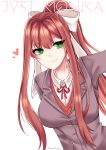  artist_name bad_id bad_pixiv_id bow brown_hair doki_doki_literature_club eyebrows_visible_through_hair eyes_visible_through_hair flow_ech green_eyes hair_bow heart highres long_hair looking_at_viewer monika_(doki_doki_literature_club) ponytail school_uniform simple_background smile solo white_background 