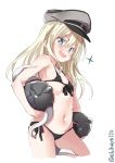  alternate_breast_size alternate_costume bare_arms bare_shoulders bikini bismarck_(kantai_collection) black_bikini blonde_hair blue_eyes blush collarbone contemporary cowboy_shot cropped_legs ebifurya enemy_naval_mine_(kantai_collection) eyebrows_visible_through_hair flat_chest from_side front-tie_top hair_between_eyes hat highres kantai_collection long_hair looking_at_viewer military military_hat navel open_mouth peaked_cap solo stomach swimsuit thighs twitter_username white_background younger 