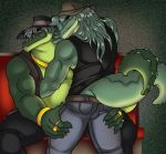  alligator amos butt butt_grab clothed clothing cowboy crocodilian darkpenguin grope hand_on_butt incest male male/male muscular otis_(darkpenguin) overweight reptile scalie tight_clothing 