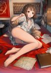  arm_support ass bangs banner bare_legs barefoot bed_sheet blunt_bangs blush book brown_eyes brown_hair brown_jacket day feathers feet flat_chest foreshortening frown full_body indoors inkwell jacket justminor legs long_hair long_sleeves low_twintails map miniskirt no_bra off_shoulder open_clothes open_jacket open_shirt original paper parted_lips pillow pleated_skirt pouch red_ribbon ribbon shiny shiny_hair shirt skirt solo sunlight tareme toes twintails white_shirt white_skirt 