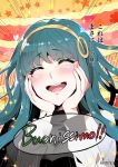  blue_hair blush cleopatra_(fate/grand_order) close-up comic fate/grand_order fate_(series) hairband hands_on_own_cheeks hands_on_own_face heart highres italian long_sleeves open_mouth redrop smile solo sparkle translation_request twitter_username 