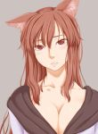  animal_ears arms_at_sides bangs blush breasts brooch brown_hair cleavage ears_down grey_background hair_between_eyes head_tilt imaizumi_kagerou jewelry large_breasts lips long_hair looking_at_viewer parted_lips poronegi red_eyes simple_background solo sweat sweatdrop touhou upper_body wolf_ears 