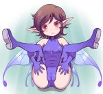  bangs bare_shoulders breasts brown_hair cameltoe closed_mouth covered_nipples elbow_gloves eyebrows eyebrows_visible_through_hair fairy fairy_wings frown gloves hands_on_legs legs_apart legs_up leotard looking_at_viewer lying medium_breasts nollety on_back pixie_(megami_tensei) pointy_ears purple_gloves purple_legwear purple_leotard red_eyes shin_megami_tensei short_hair solo thighhighs wings 