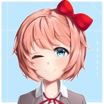  ;) blue_background blue_eyes bow character_name commentary doki_doki_literature_club english_commentary eyebrows_visible_through_hair hair_bow heart heart_in_eye looking_at_viewer one_eye_closed outline pink_hair portrait red_bow sasoura sayori_(doki_doki_literature_club) short_hair signature simple_background smile solo symbol_in_eye white_outline 